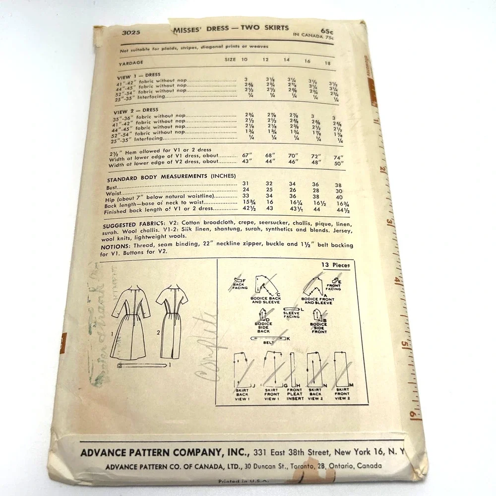 Advance‎ Vintage 1960's Pattern #3025 Misses Dress With Two Skirts Size 14